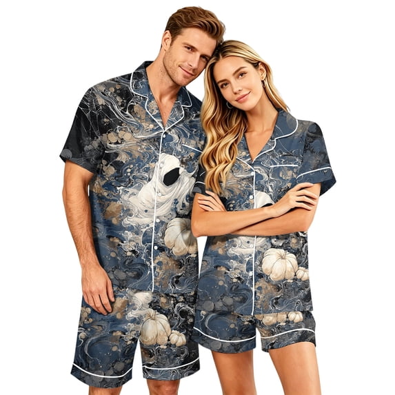 IYYVV Halloween Silk Satin Matching Pajamas Sets Couple Button Down Nightwear Women & Men Short Sleeve Trendy Ghost Sleepwear Goth Purple S