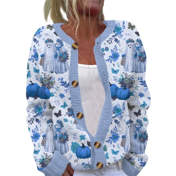 IYYVV Halloween Sweaters for Women 2026 Button Knit Cardigan Long Sleeve Ghost Graphic Cute Spooky Fall Winter Trendy Tops Sky Blue S