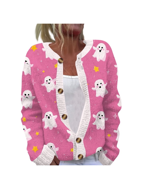 Halloween Sweaters for Women Button Knit Cardigan Long Sleeve Ghost Graphic Cute Spooky Fall Winter Trendy Tops 2026 Pink XL