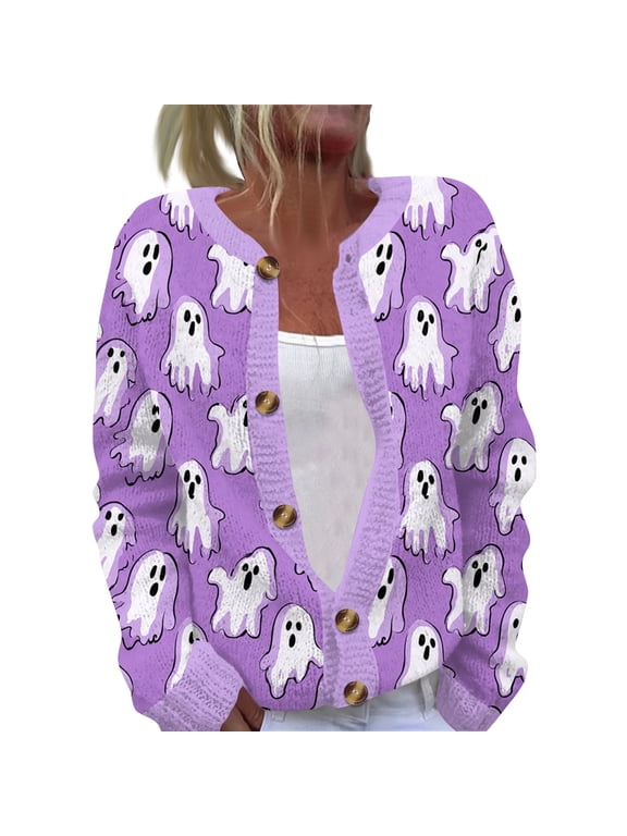 Halloween Sweaters for Women Button Knit Cardigan Long Sleeve Ghost Graphic Cute Spooky Fall Winter Trendy Tops 2026 Purple S