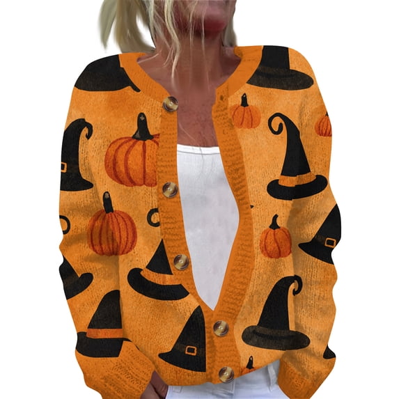 IYYVV Halloween Sweaters for Women Button Knit Cardigan Long Sleeve Ghost Graphic Cute Spooky Fall Winter Trendy Tops 2026 Saffron S