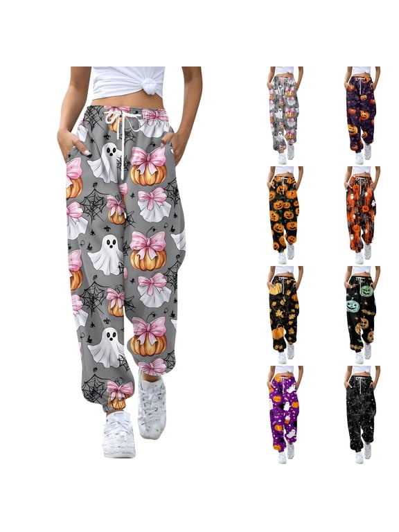 Halloween Sweatpants Women Devil Ghost Face Print Jogger Party Autumn Drawstring Sweat Pants Track Pants Joggers With Pockets Black M