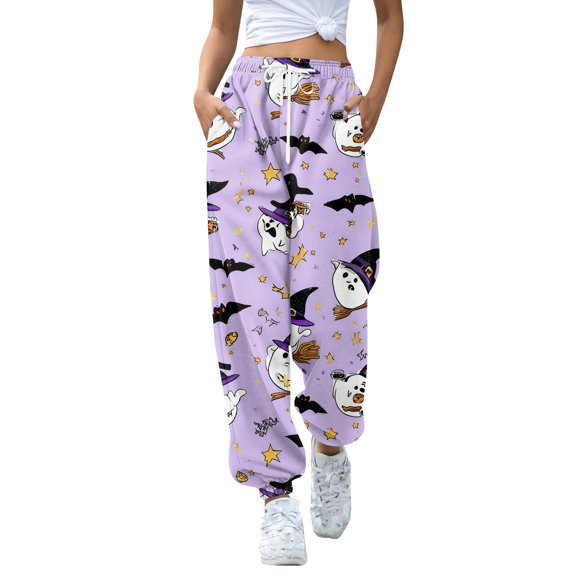 IYYVV Halloween Sweatpants for Women Cute Ghost Graphic Jogger Bottom Casual Wide Leg Sweat Pants with Pockets Purple L