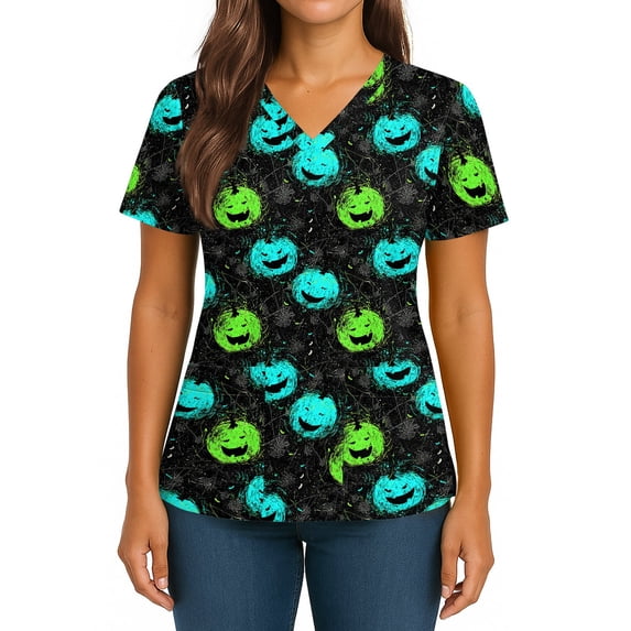 IYYVV Halloween Tops for Women Cute V-Neck Print Nursing Working Uniforms with Pocket Holiday Stretchy Tee Shirts Green 3XL