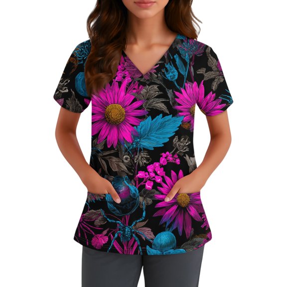 IYYVV Halloween Tops for Women Ghost Graphic V-Neck Nursing Scrub Shirt Short Sleeve with Pocket Stretchy Uniforms Top Purple Pink S