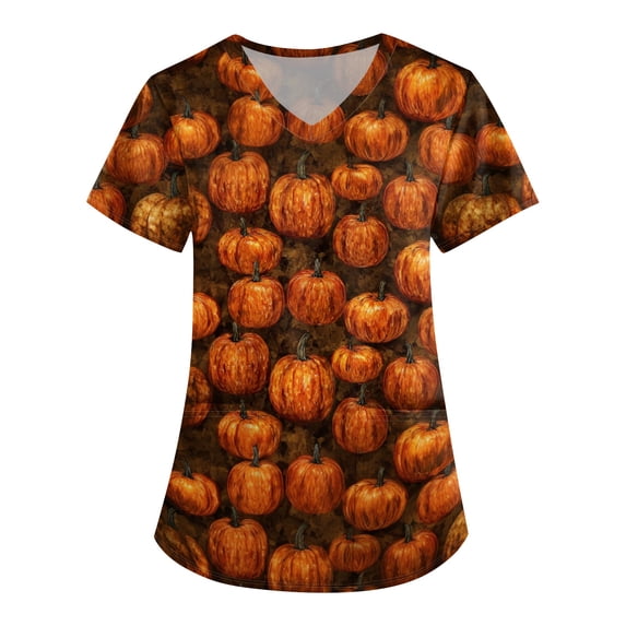 IYYVV Halloween Tops for Women Ghost Graphic V Neck Short Sleeve Nursing Shirts Uniform with Pockets Yellow 2XL