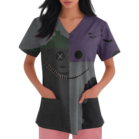 IYYVV Halloween Tops for Women Print Scrub Top Plus Size Stretch Nursing Scrub Fall with Pockets Dark Purple 3XL
