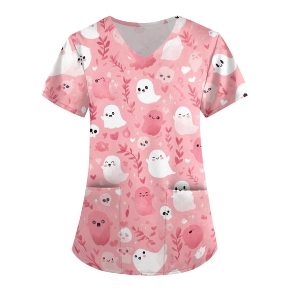 IYYVV Halloween Tops for Women Printed Plus Size Scrubs Stretchy Nursing Uniforms Short Sleeve Shirt with Pocket Multicolor S