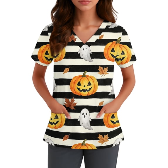 IYYVV Halloween Tops for Women Printed V Neck Nursing Scrub Shirts Short Sleeve with Pockets Stretchy Uniform Top Orange L