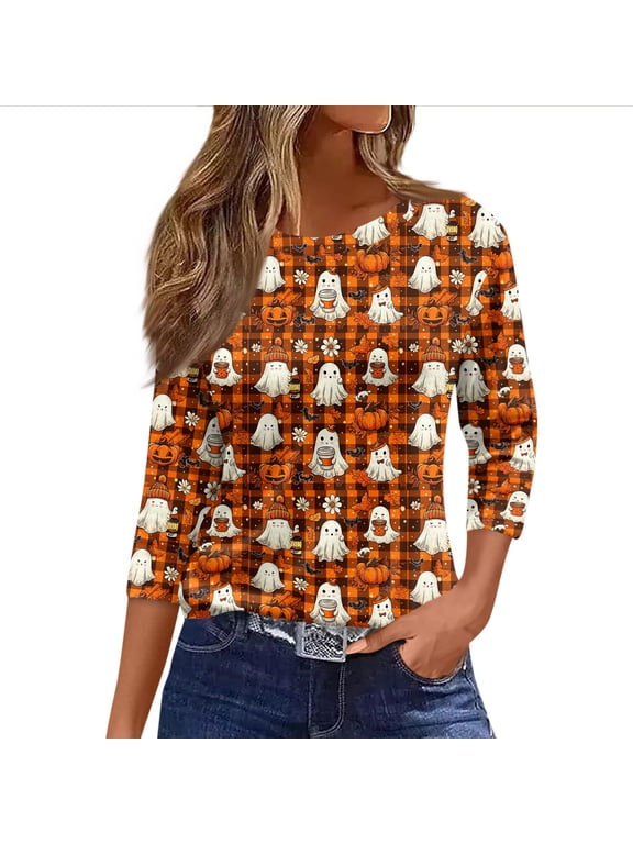 Halloween Tops for Women Retro Pumpkin Pattern Print T-Shirts Baggy Crew Neck 3/4 Sleeve Tees Saffron L