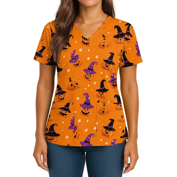 IYYVV Halloween Tops for Women V-Neck Printed Scrub Tops Short Sleeve Nursing Shirts Plus Size Work Tops with Pockets Orange XL