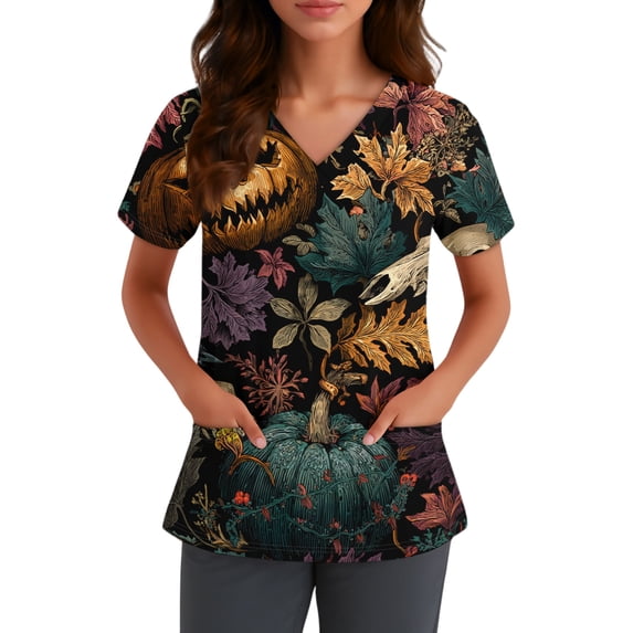 IYYVV Halloween Tops for Women V Neck Short Sleeve Holiday Tee Casual Graphic Scrub Top with Pockets Black XL