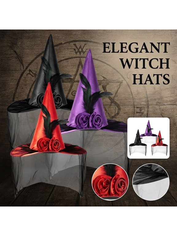 Halloween Women Witch Hat Hats For Women Gothic Side Veils Rose Flower And Feather Caps Party Teen Girl Purple