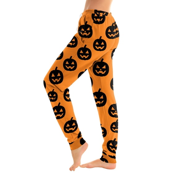 IYYVV Halloween Womens Pajamas Baggy Halloween Pumpkin Printed Sweatpants Winter Fall Lounge Pants with Pocket Orange S