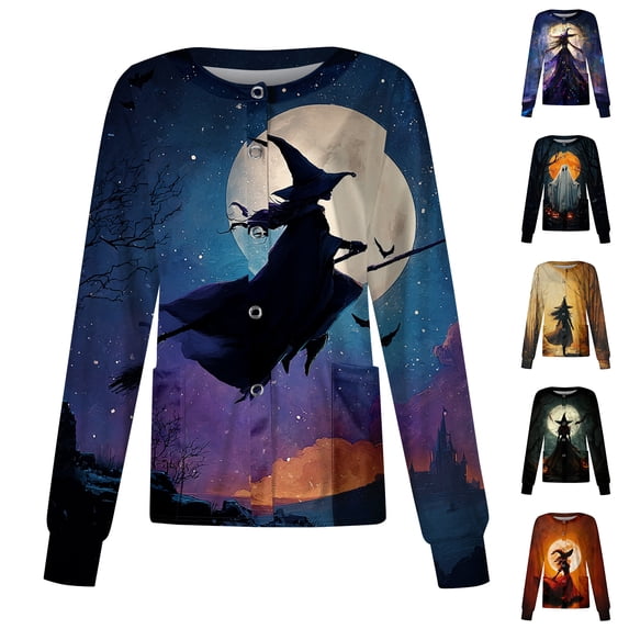 IYYVV Halloween Womens Scrub Tops Pumpkin Bat Scrubs Pattern Crew Neck Scrubs Tops Witch Pumpkin Bat Medical Nurse Working Uniforms Yellow L