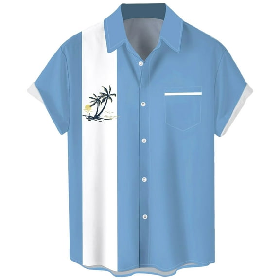 IYYVV Hawaiian Bowling Shirts for Men Short Sleeve Printed Regular Fit Summer Beach Casual Button Down Aloha Shirts Blue L