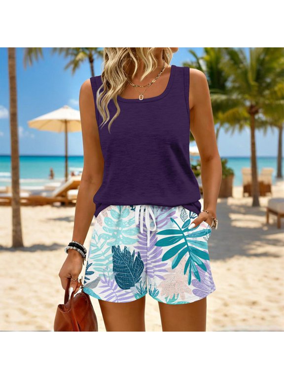 Hawaiian Outfits For Women Summer Print 2 Piece Sets Beach Sleeveless Square Neck Tank Tops Shorts Sets Purple 3XL