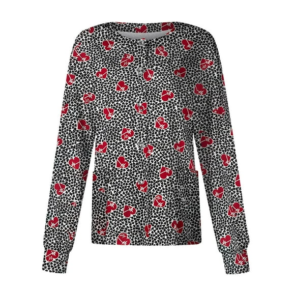 IYYVV Heart Print Scrub Tops for Women Button Down Crew Neck Long Sleeve Scrub Jackets for Women Medical Uniforms Nurse Workwear Scrub Jacket with Two Pockets Gray 3XL