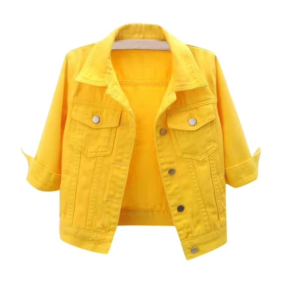 IYYVV Jean Jacket Women Fashion 3/4 Sleeve Lapel Button Down Cropped Denim Jackets Casual Plus Size Comfy Cute Coats with Pockets Yellow M