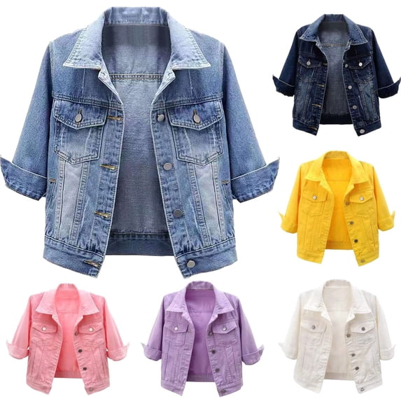 IYYVV Jean Jacket Women Short Sleeve Cropped Denim Jackets Summer Spring Button Down Trucker Coat with Pocket Wear Over Dress Purple S