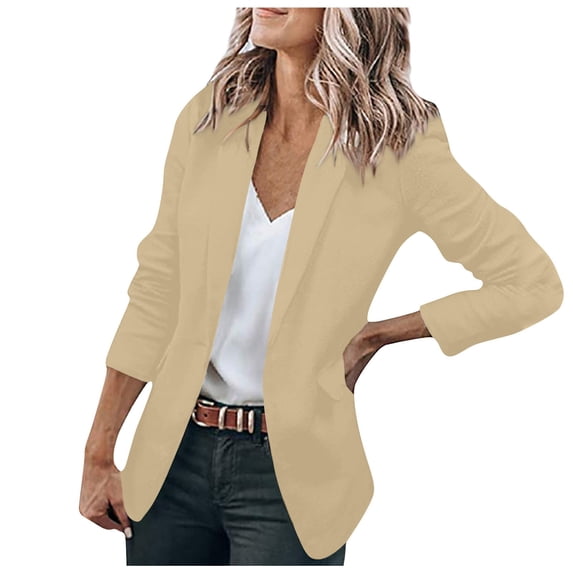 IYYVV Linen Blazer Women Spring Summer Clothes Casual Long Sleeve V Neck Loose Fit Suit Jacket Dressy Jackets with Pockets Beige 2XL