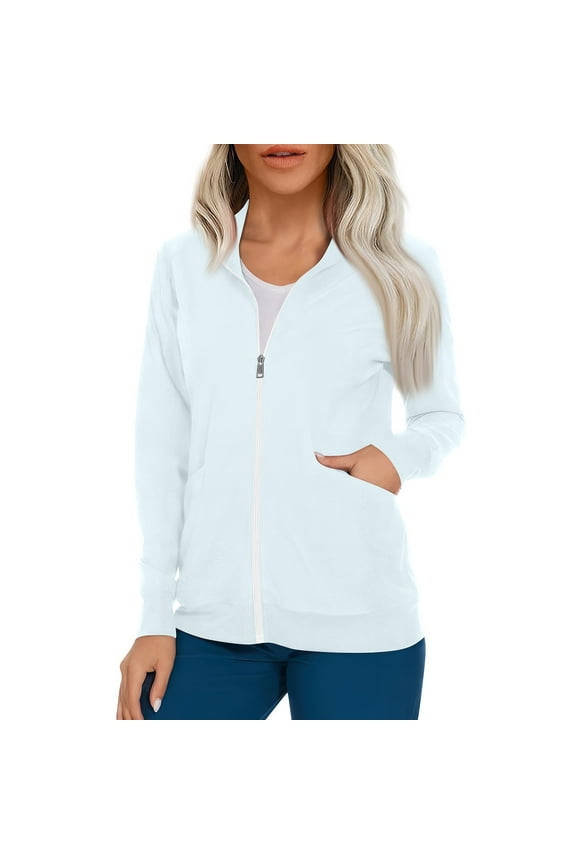 Long Sleeve Scrub Tops Women Solid Color Medical Uniform Tops Plus Size Stretch Nursing Jacket Tops White L