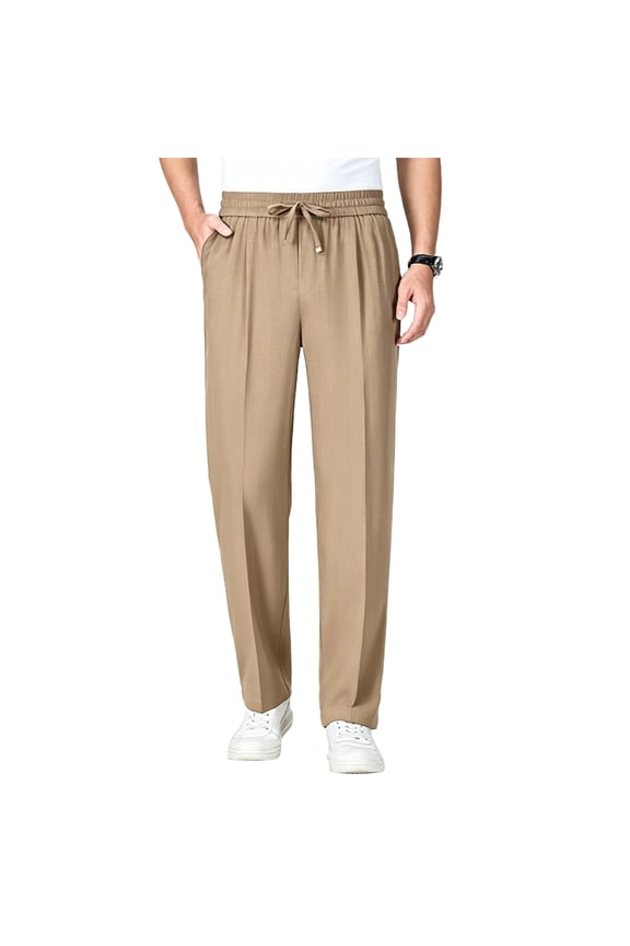 Men Baggy Straight Leg Pants Lightweight Breathable Elastic Waisted Slacks Casual Drawstring Trousers with Pockets Camel 3XL