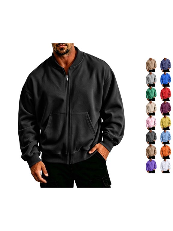 Men Casual Lightweight Zip Up Windbreaker Coat Long Sleeve Light Flight Coat with Pockets,for Baseball Collar, Travel, Outdoor Black L
