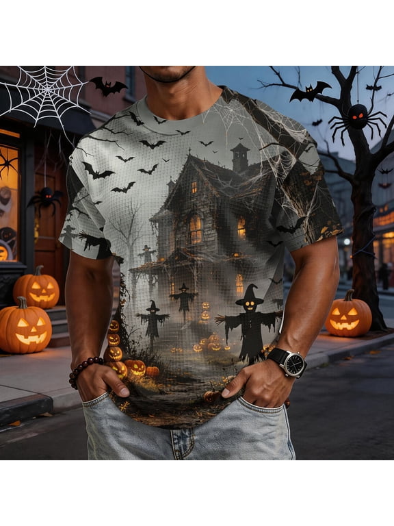 Men'S Aesthetic Horror Castle Lantern Graphic T-Shirt Crew Neck Short Sleeve Vintage Holiday Party Tee Yellow M