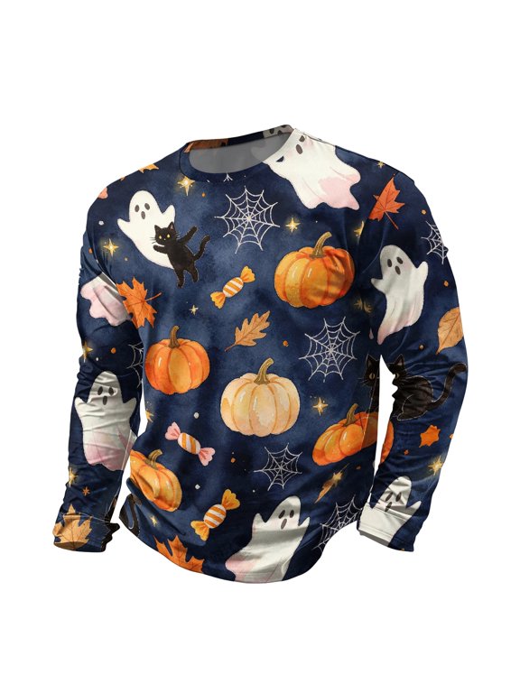 Men'S Halloween Shirt Crew Neck Long Sleeve Casual Aesthetic Ghost Face Cross Lantern Printed Blouse Skeleton Hand For Holiday Party Yellow S