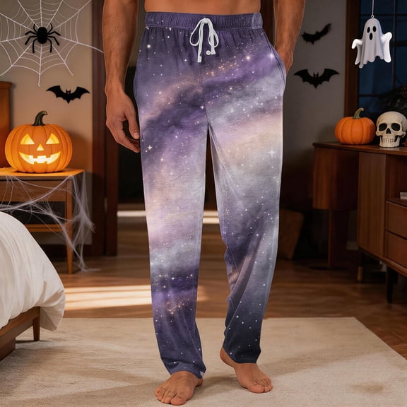 IYYVV Men'S Halloweens Pajama Pants Gothic Pumpkin Bats Print Drawstring Sleepwear Halloween Cozy Comfortable Cute Candy Fall Pant Black M