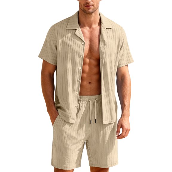 IYYVV Men's 2 Piece Summer Outfits Short Sleeve Shirt & Shorts with Pockets Matching Set for Beach Cruise Resort Vacation Khaki L