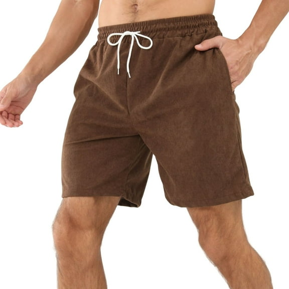 IYYVV Men's Corduroy Shorts 5 Inch Inseam Drawstring Elastic Waist Lightweight Casual Summer Beach Shorts with Pocket Brown XL