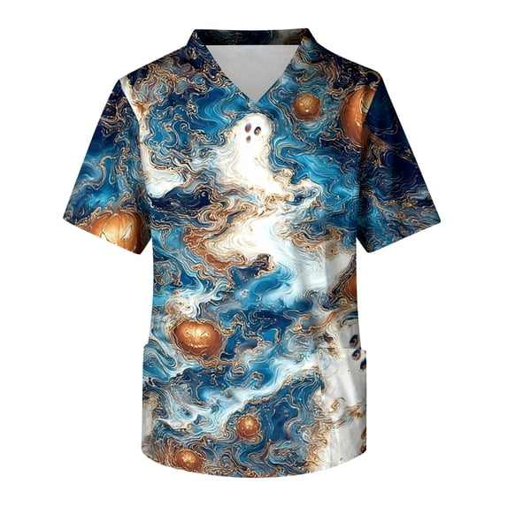 IYYVV Men's Halloween Scrub Top Pumpkin Ghost Short Sleeve Scrub Shirts Work V Neck Medical Nursing Uniforms with Pockets Blue M