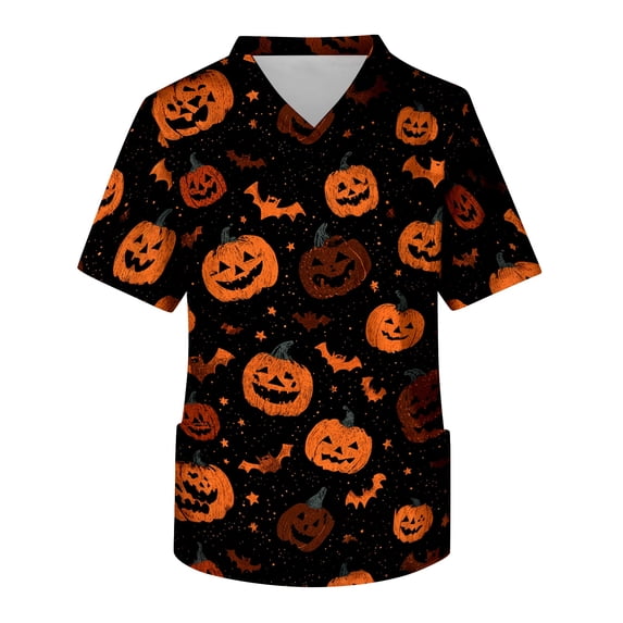 IYYVV Men's Halloween Scrub Tops V-Neck Short Sleeve Nurse Uniform with Pockets Black M