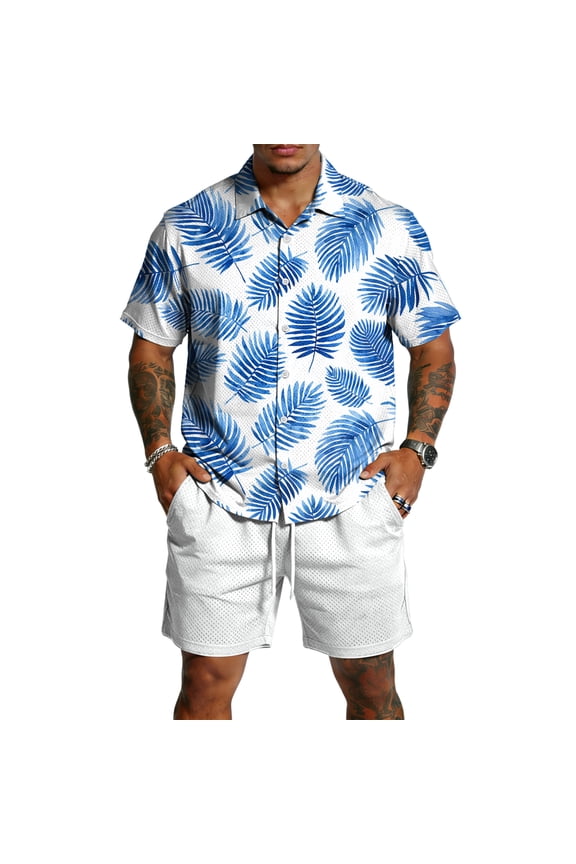 Men's Hawaiian 2 Piece Outfits Summer Beach Matching Set Short Sleeve Floral Shirts and Shorts with Pockets Sky Blue M