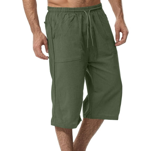 IYYVV Mens Casual Soft Linen Long Shorts Knee Length Sport Running Lounge Work Shorts Capri Pant with Pockets Green M