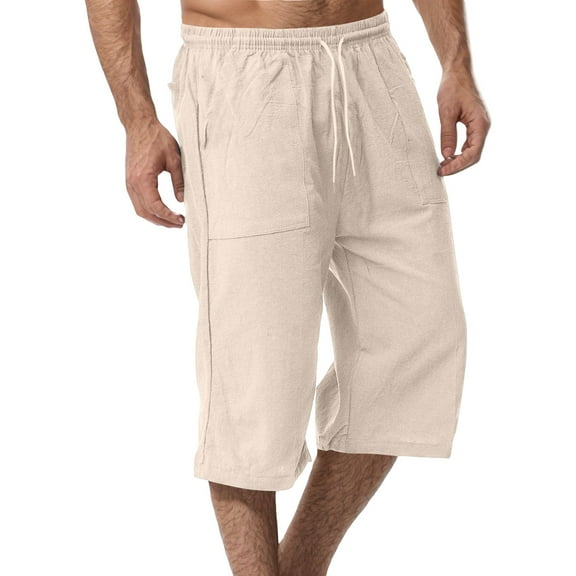 IYYVV Cotton Linen Capris Pants for Men Casual Lightweight Drawstring Elastic Waist 3/4 Summer Beach Yoga Shorts with Pockets Khaki 2XL