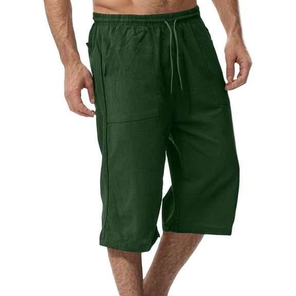 IYYVV Men's Long Linen Shorts Below Knee Pocketed 3/4 Summer Drawstring Elastic Waist Capri Pant Baggy Pants Dark Green L