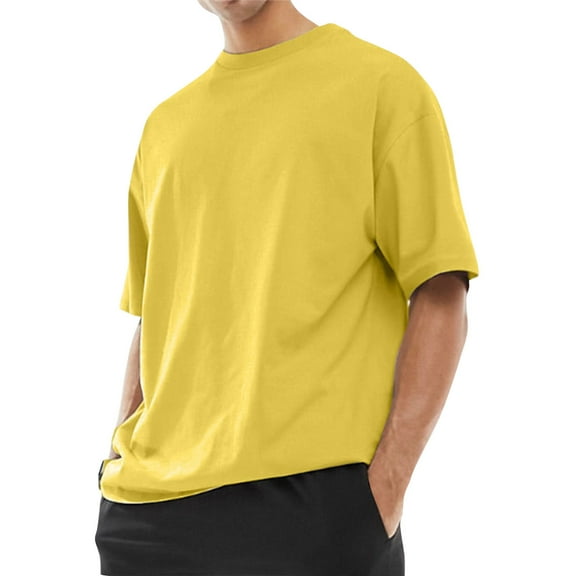 IYYVV Men's Oversized T-Shirts Cotton Unisex Crew Neck Heavyweight Loose Fit Short Sleeve Shirt Classic Soft Tees Yellow XL