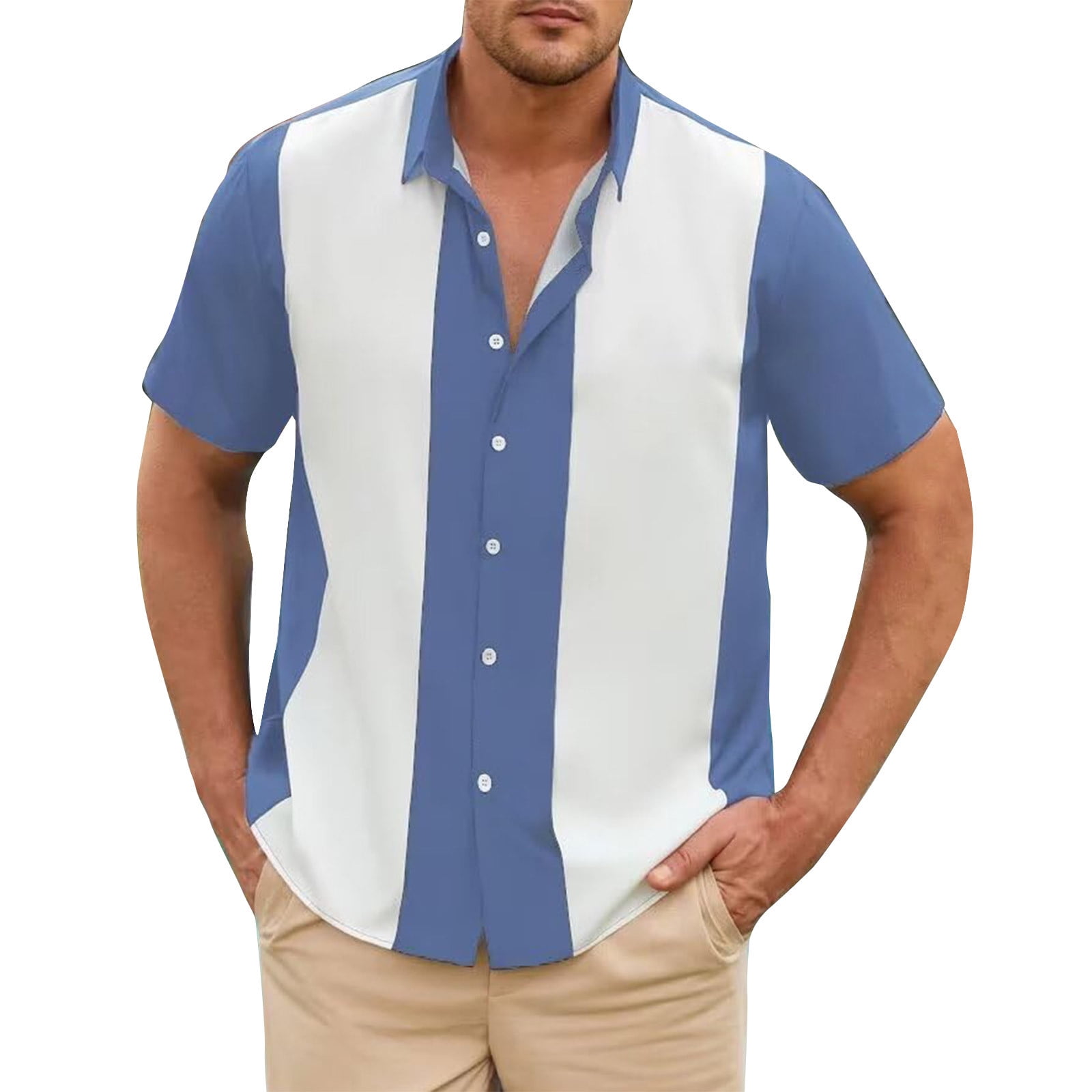 TheyLook Men's Short Sleeve Button Down Shirt - Casual Summer Striped Patchwork Hawaiian Beach Shirt, Blue, Medium