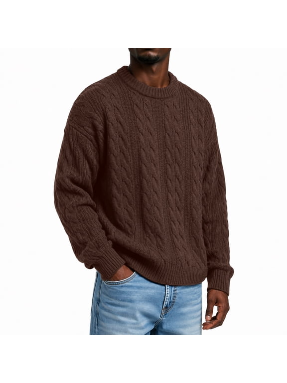 Mens Cable Knit Crewneck Sweater Casual Long Sleeve Pullover Tops Classic Texture,Soft Feel,Machine Washable Easy Care Khaki M