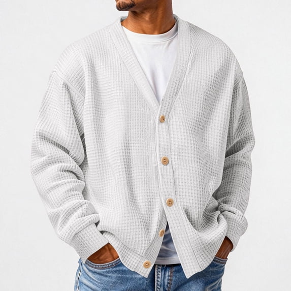 IYYVV Mens Cardigan V Neck Sweater Long Sleeve Lightweight Button Fit Soft Knitted Fabric,Classic Button Front Closure White M