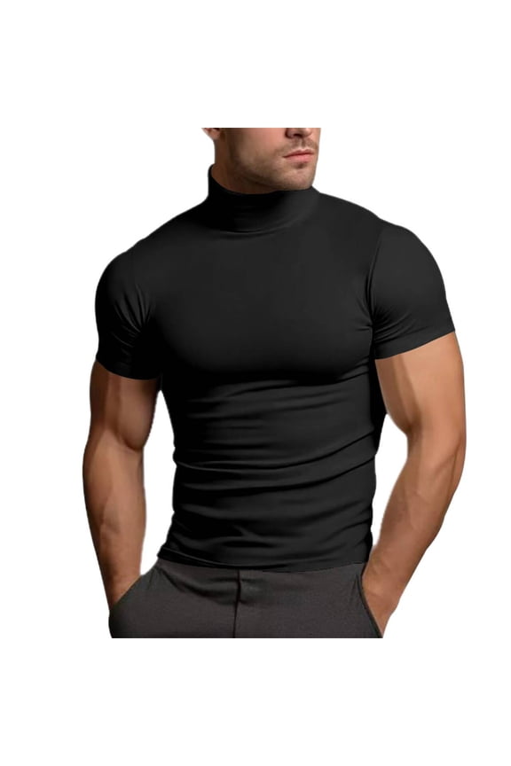Mens Casual Turtleneck Mock Neck T Shirt Slim Fit Short Sleeve Summer Basic Tops Black L