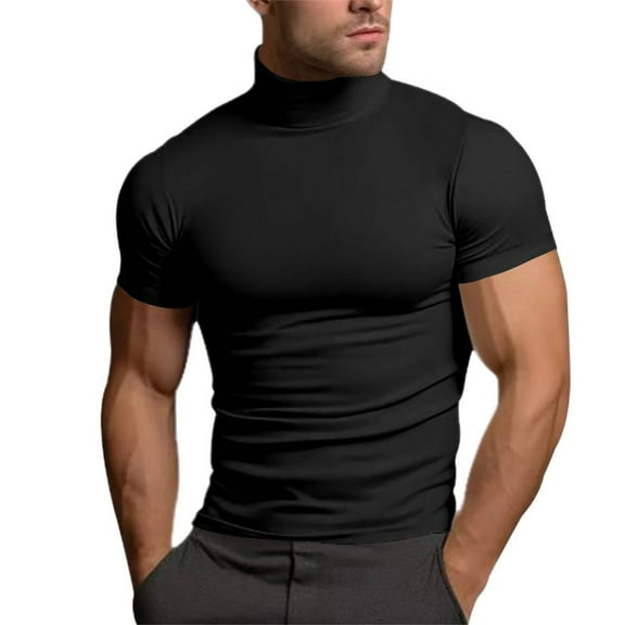 IYYVV Mens Casual Turtleneck Mock Neck T Shirt Slim Fit Short Sleeve Summer Basic Tops Black M