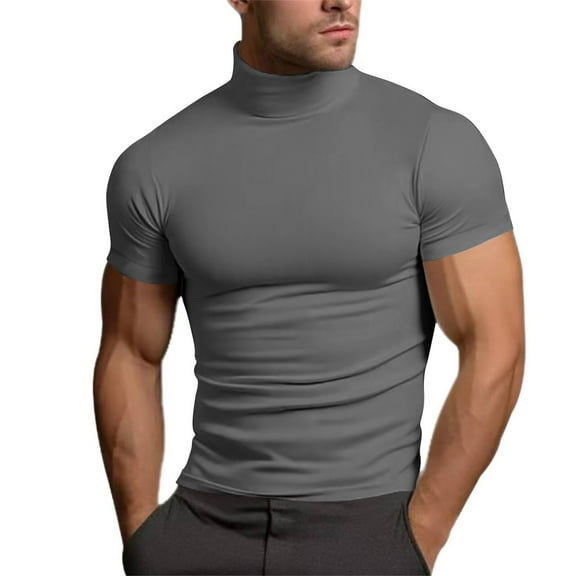 IYYVV Mens Casual Turtleneck Mock Neck T Shirt Slim Fit Short Sleeve Summer Basic Tops Gray L