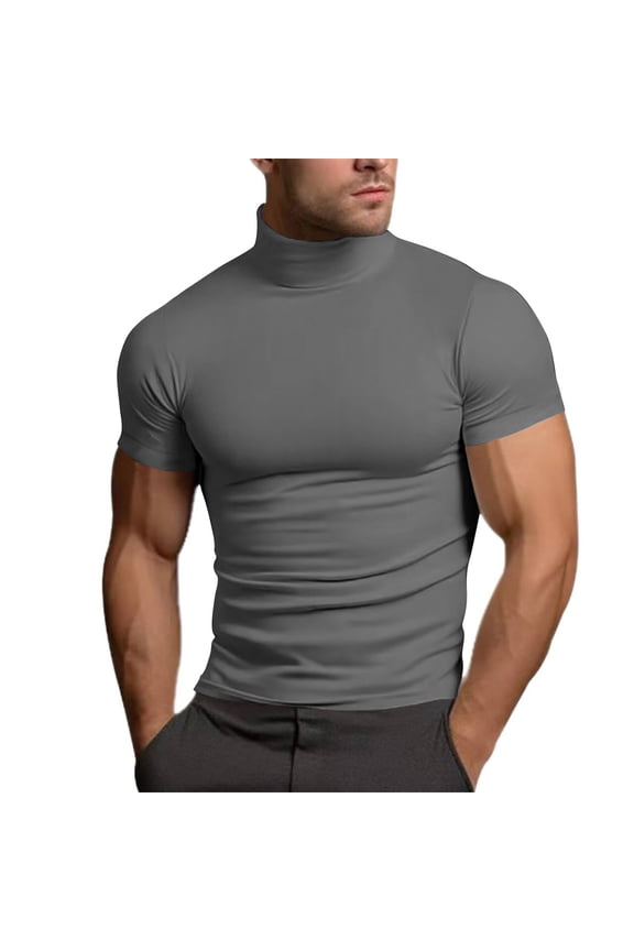 Mens Casual Turtleneck Mock Neck T Shirt Slim Fit Short Sleeve Summer Basic Tops Gray M