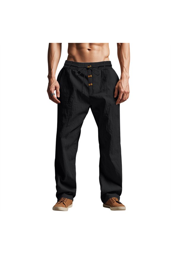 Mens Cotton Linen Pants Button Fly Elastic Waist Drawstring Lightweight Breathable Straight Leg Lounge Pants with Pockets Black XL