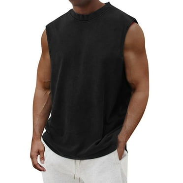 IYYVV Mens Cotton Workout Gym Tank Top Sleeveless Cut Off Muscle Shirts Tshirts Running Beach Loose Fit Tees Black 2XL