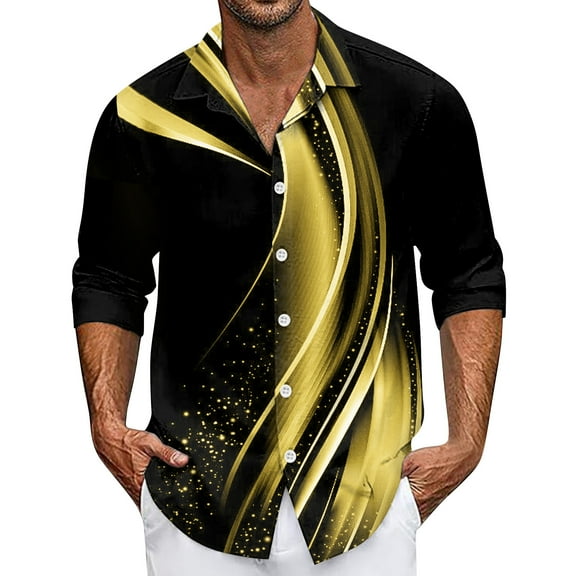 IYYVV Mens Dress Shirts Tie Dye Long Sleeve Stretch Wrinkle-Free Hawaiian Shirt Casual Button Down Shirts Big and Tall Gold 3XL